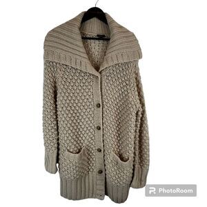 Talbots Women Sz M Ivory Cardigan Chunky Wool Alpaca Blend Sweater Wide Collar U